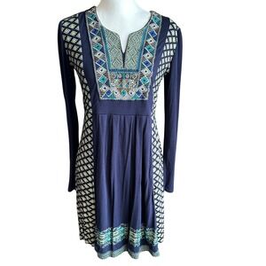 Freeway Dress L Blue‎ Long Sleeve Boho Print Embellished Knit Casual